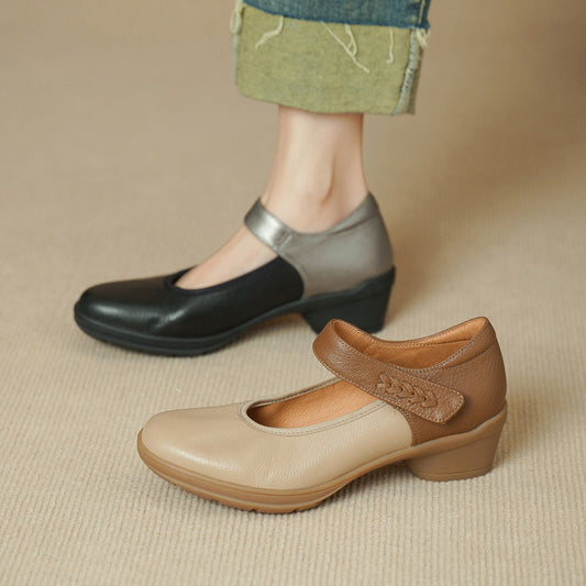 Women's French Retro Soft Sheepskin Pumps Low-cut Color Matching Thick Bottom Women's Fashion Shoes