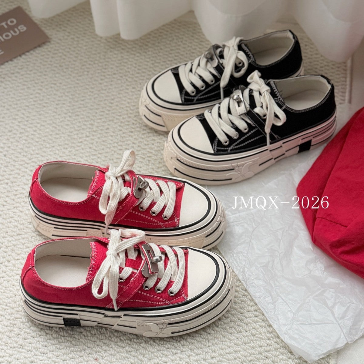 Women's Spring Red Black Double Color Lock Two-way Platform Canvas Shoes
