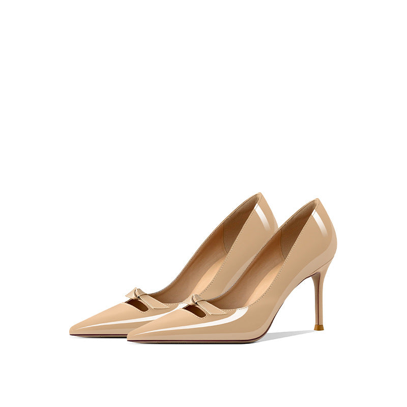 Women's Bow High Patent Pointed Stiletto Commuter Shallow Mouth Heels