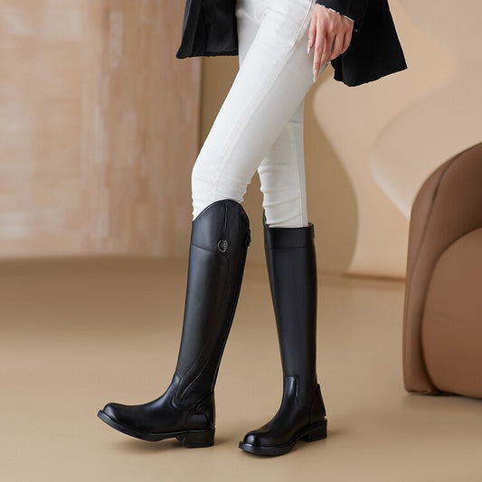 Women's Low Tall Knight Flat Black Women's Leather Boots