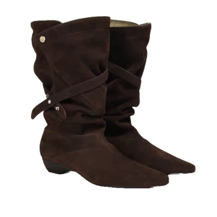 V-shaped Buckle Western Cowboy Thigh High Long Female Flanging Two-way Boots