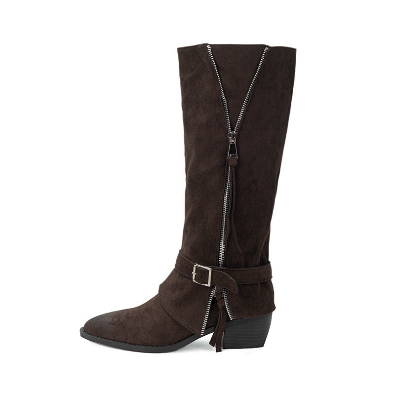 Women's Design Sense Niche Pointed Tassel Chunky Pantyhose Retro Women's Leather Boots