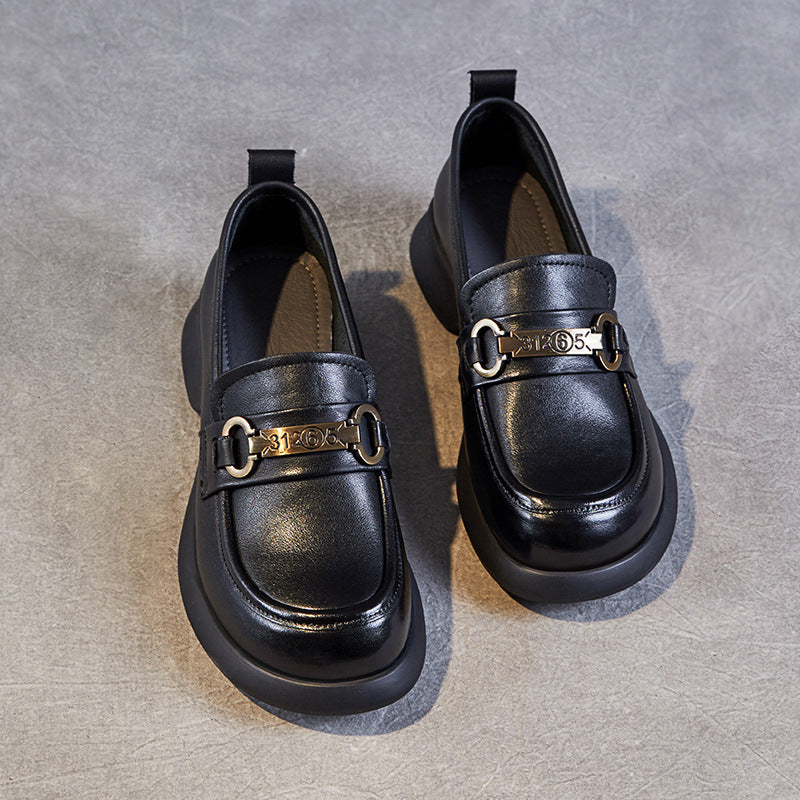 Women's Genuine Spring Slip-on Soft Bottom Cowhide Round Head Loafers