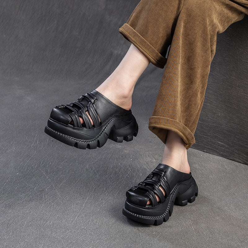 Women's Retro High-rise Layer Cowhide Outdoor Lightweight Slippers