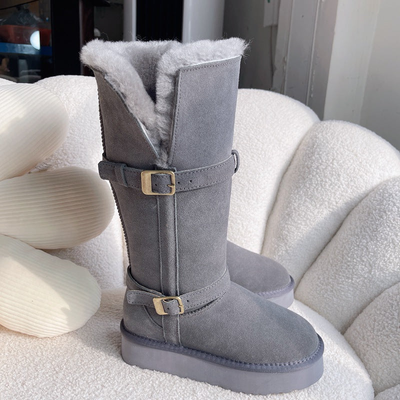 Women's Two-way Real Fur Cowhide Wool Winter Boots