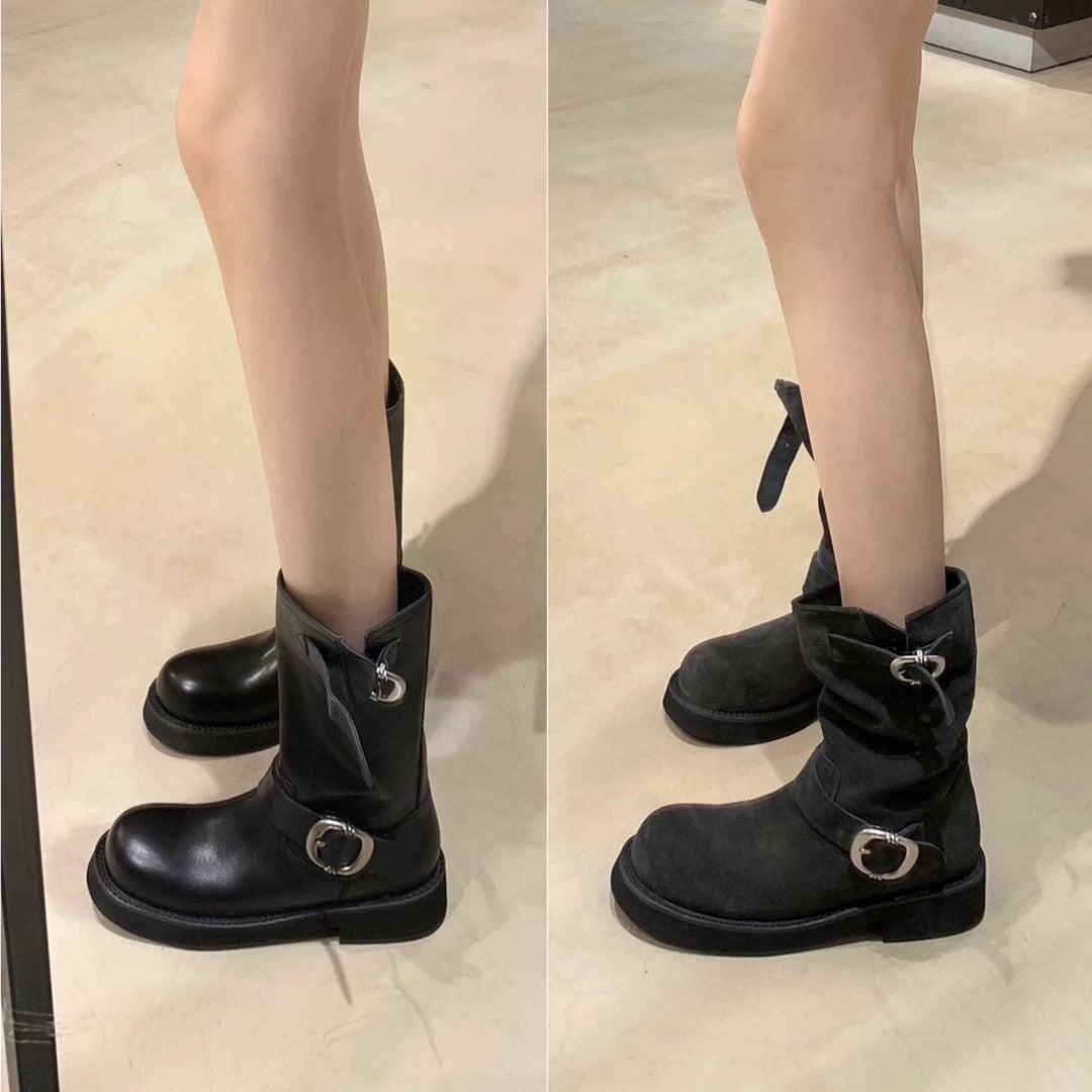 Women's Belt Buckle Round Head Ankle Soft Boots