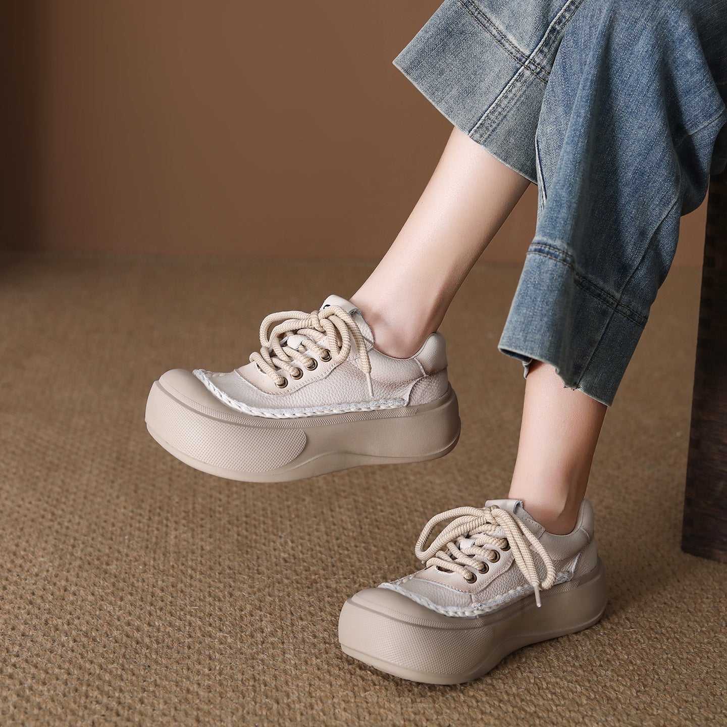 Women's First Layer Cowhide Retro Platform Spring Versatile Big Head Genuine Women's Casual Shoes