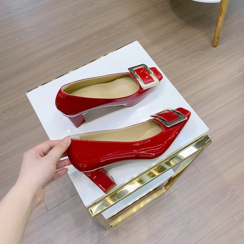 Women's Buckle Patent High Toe Low-cut Metal Temperament Heels