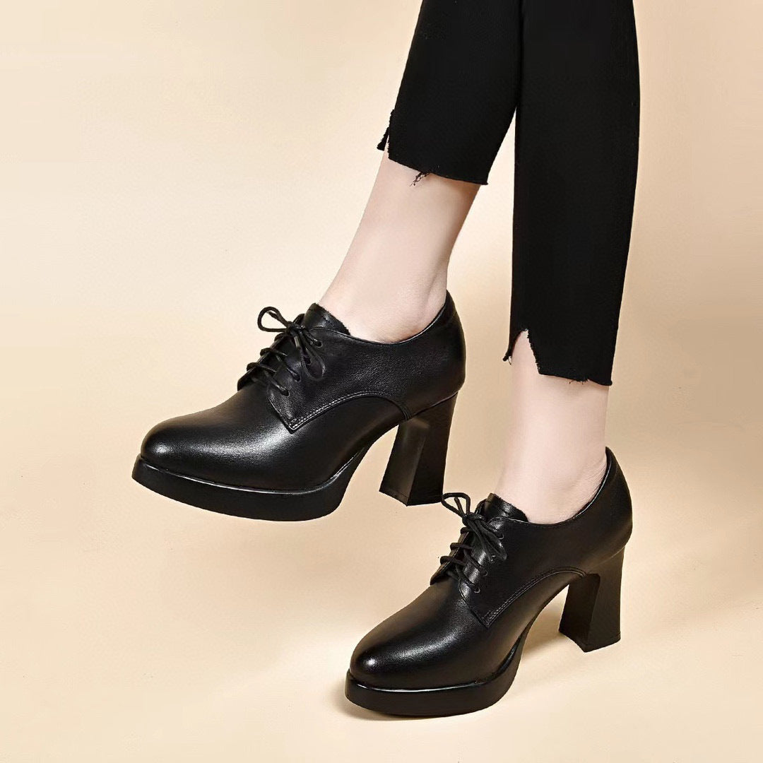 Women's High-cut Pumps Autumn Cowhide Waterproof Platform Chunky Boots
