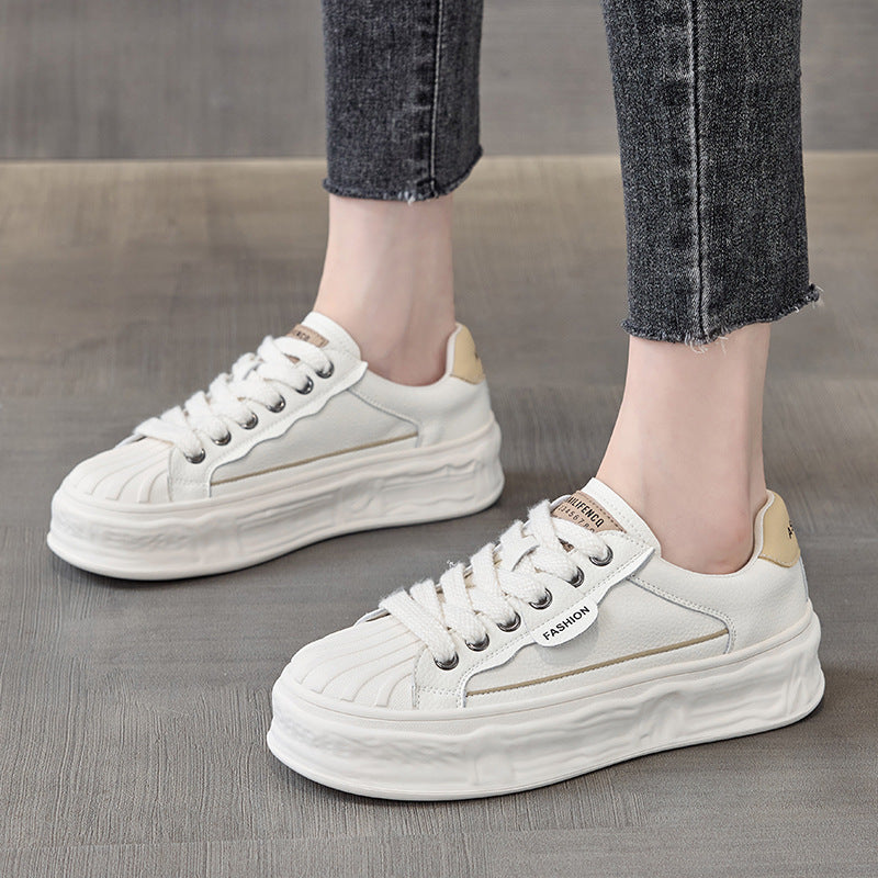 Women's White Autumn Versatile Breathable Biscuit Shape Genuine Platform Casual Shoes