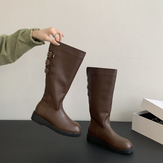 Women's Flat Bottom Small Chunky Tall Knight Women's Leather Boots