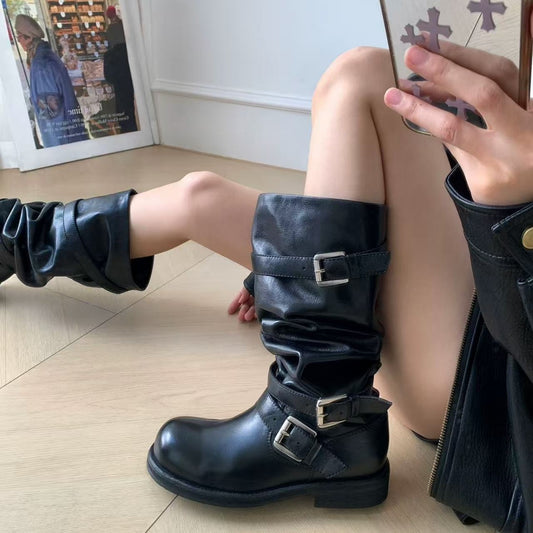 Version Classic Knight Martin Solid Color Belt Buckle Pile Style Women's Leather Boots
