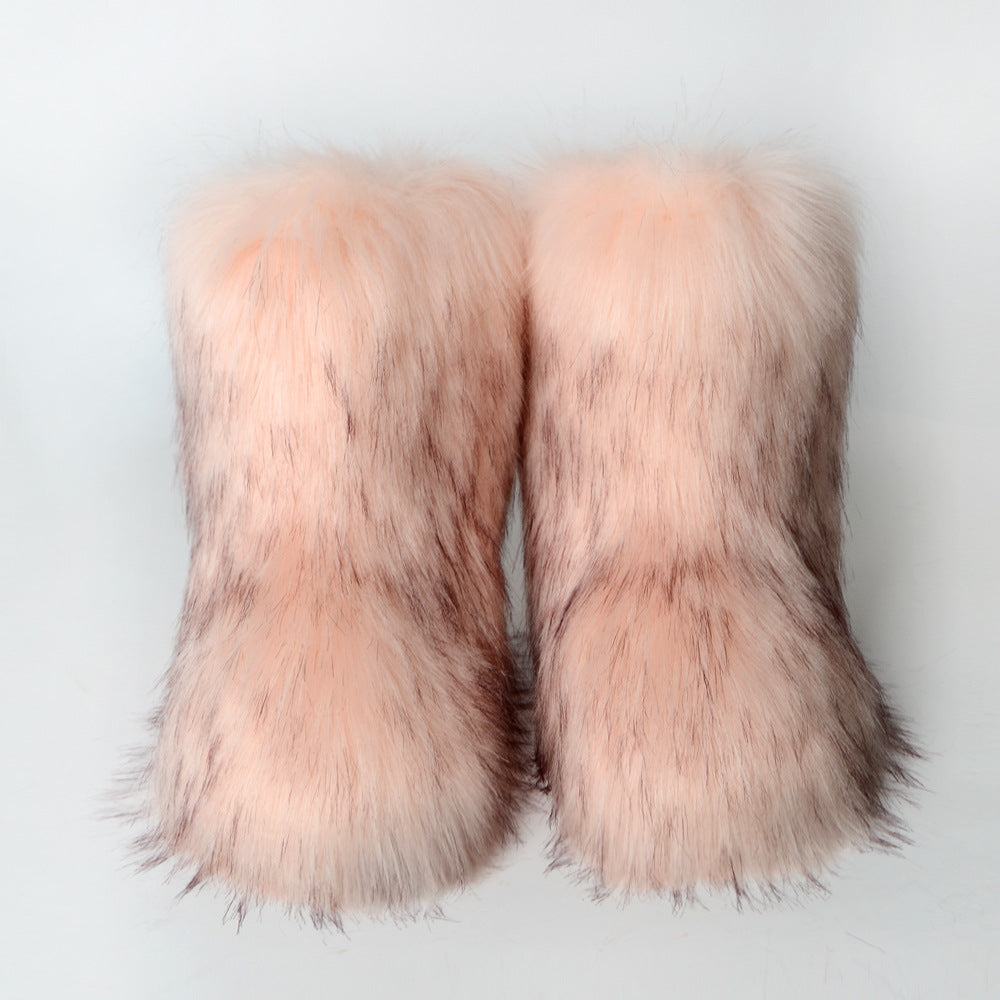 Women's Winter Fur Integrated Imitation Raccoon Fluffy Snow Boots
