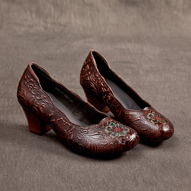 Women's Handmade Retro Genuine First Layer Cowhide Round Head Comfortable Chunky Women's Casual Shoes