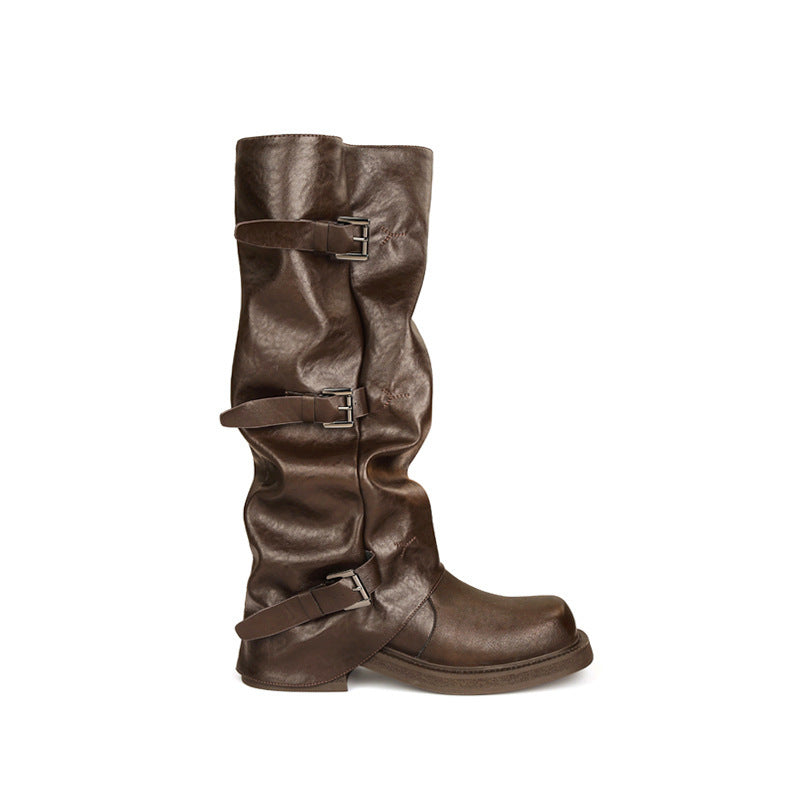 Mom Belt Buckle Head Pleated Tube Boots