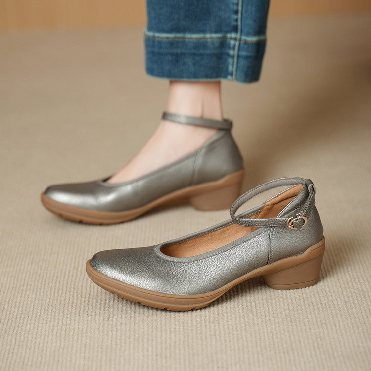 Women's Sheepskin Round Toe Pumps Mid Chunky Retro Buckle Strap Shallow Women's Fashion Shoes