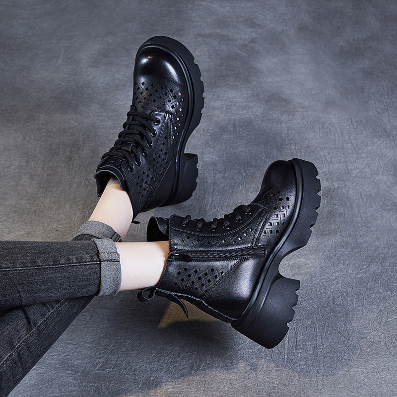 Women's Layer Cowhide Retro British Platform Thin Hollow Genuine Breathable Hole Women's Leather Boots
