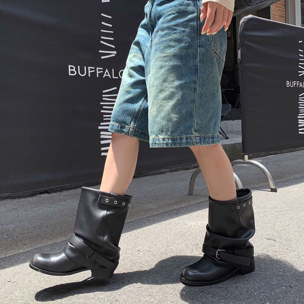 Women's Black For Knee-high Motorcycle Pleated Pile Women's Leather Boots