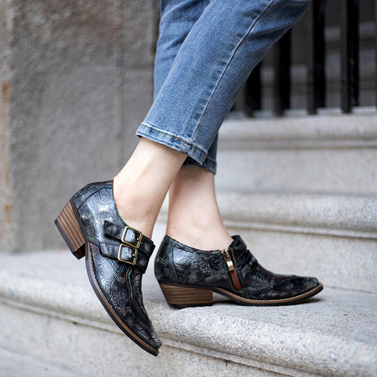 Women's Genuine Retro British Style Dark Flower Women's Shoes