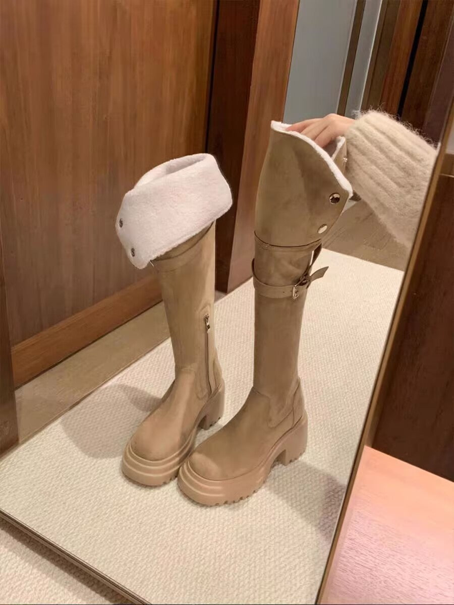 Women's Knee-high Fleece-lined Over The Knee Brown Thick Women's Leather Boots