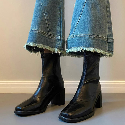 Women's Version High Female Square Toe Martin Short Small French Style Women's Cotton Shoes