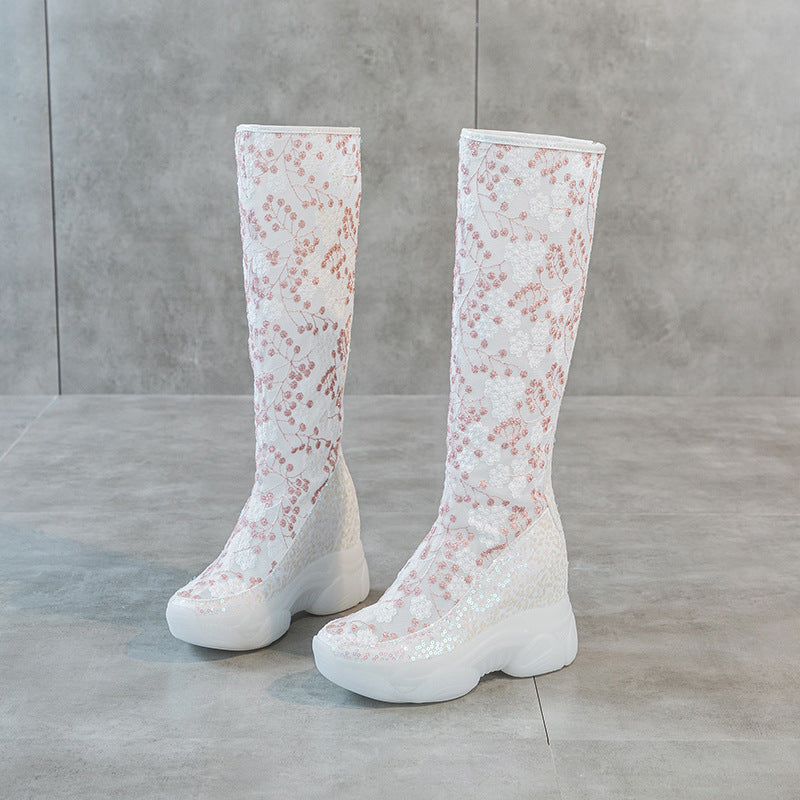 Women's Increasing Insole Embroidered Back Zipper Small Slim Boots