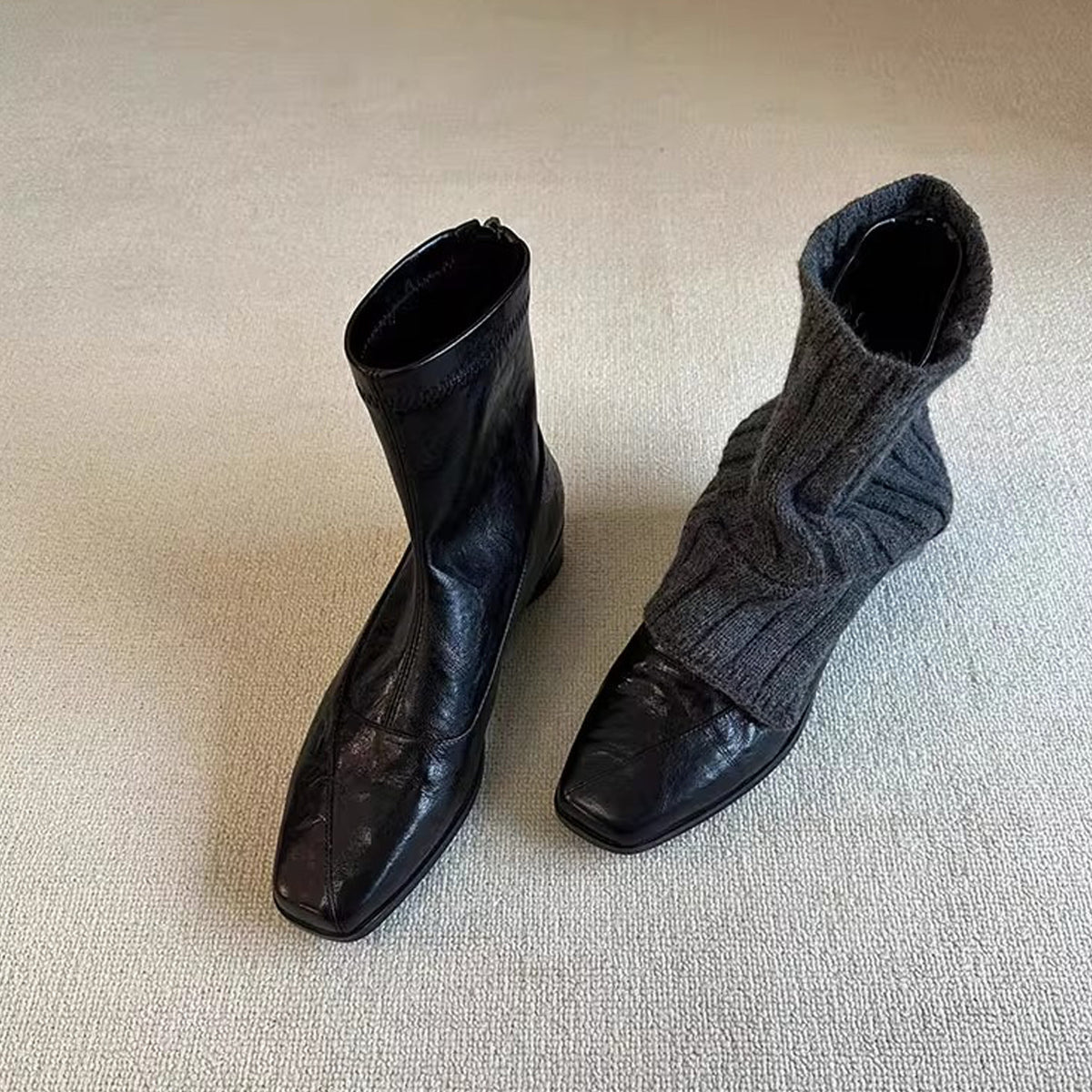 Women's Version Genuine Minimalist Commute Short Slimming Back Zipper Chunky Square Women's Leather Boots