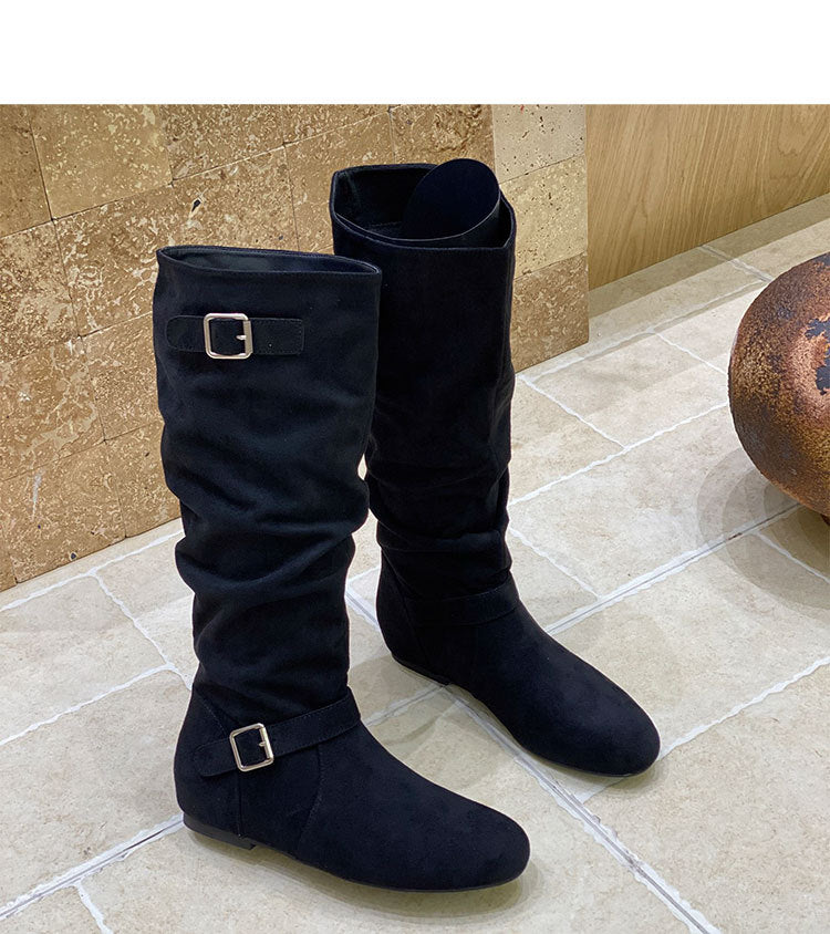 Women's Western Cowboy Korean Round Head Buckle Soft Boots