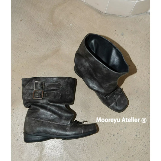 Women's Bow Booties Ballet Style Retro Distressed Short Pleated Boots