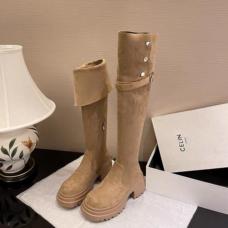 Women's Knee-high Fleece-lined Over The Knee Brown Thick Women's Leather Boots