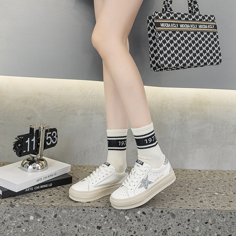 Women's Star Pattern Sports Increased Lace Up Breathable White Sneakers