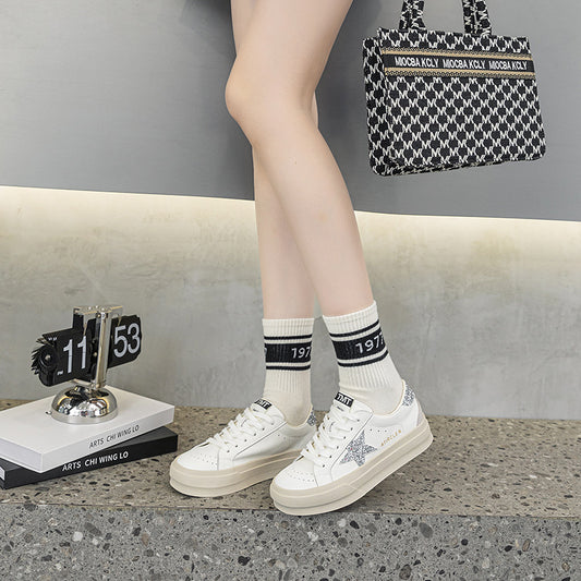 Women's Star Pattern Sports Increased Lace Up Breathable White Sneakers