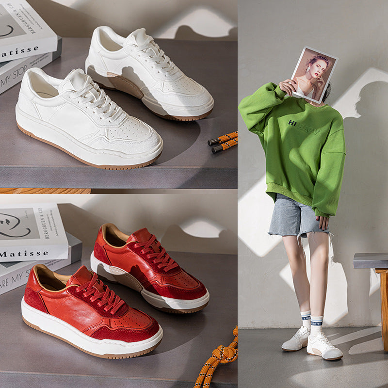 Women's Washed Horse White Autumn Sheepskin Couple Genuine Sneakers