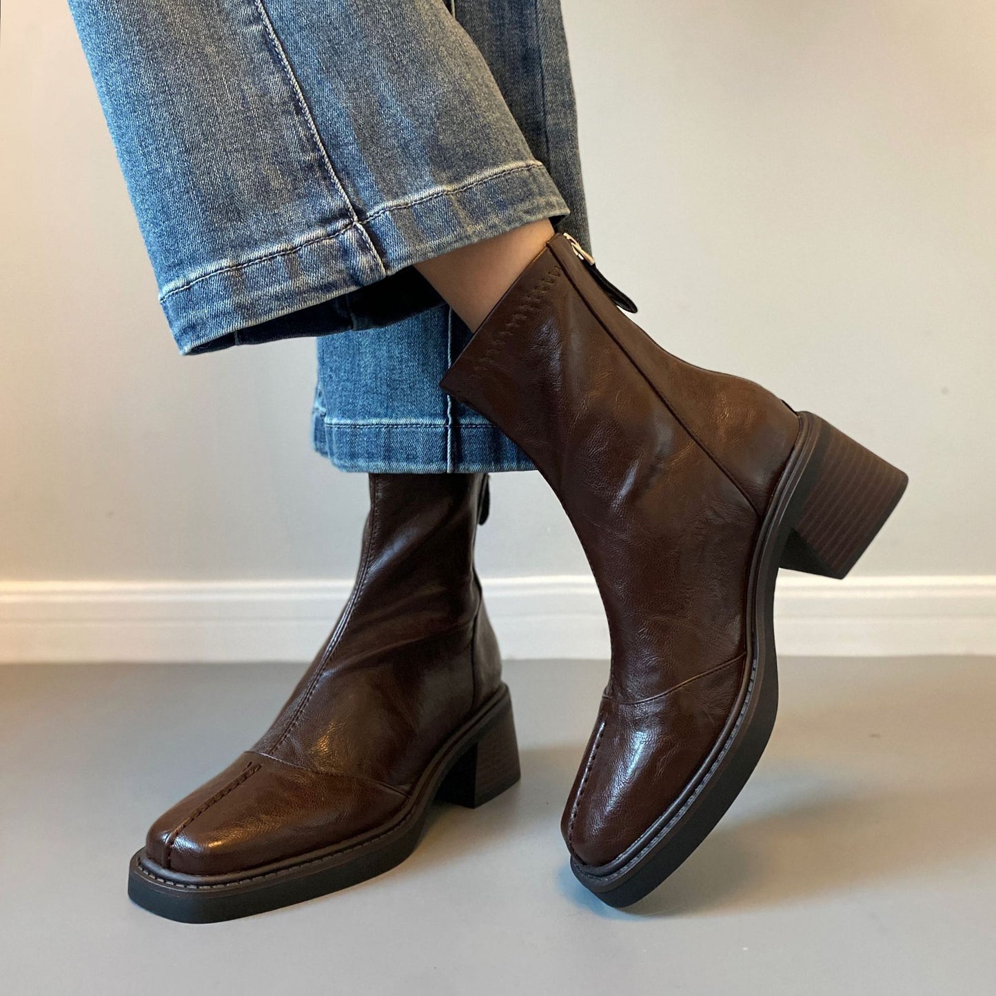 Women's Square Toe Booties Martin Back Zip Short Heels