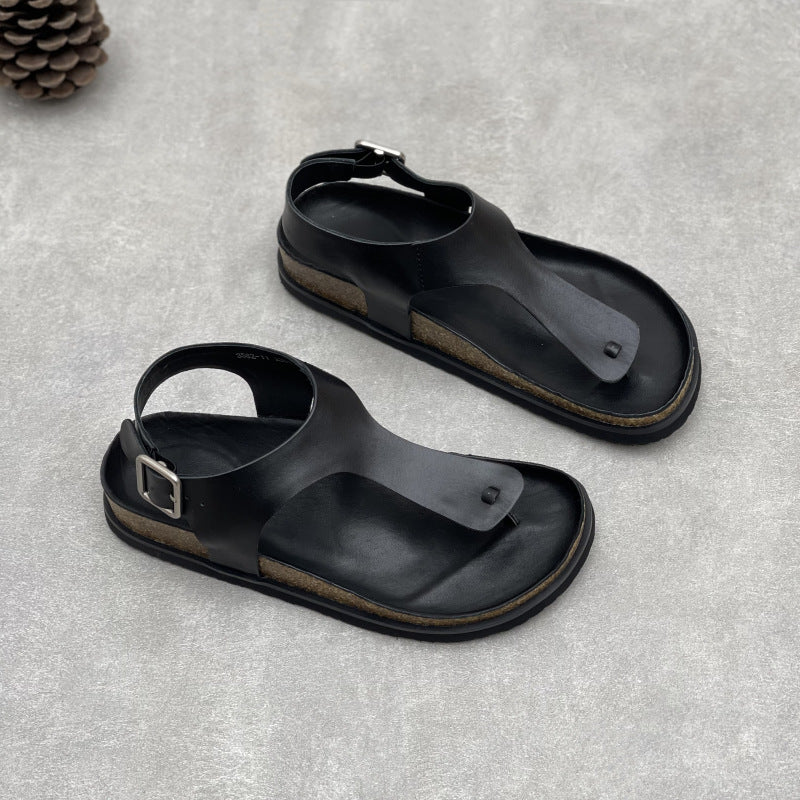Women's Handmade Genuine Herringbone Toe Covering Solid Color Square Buckle Simple Flat Sandals