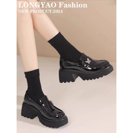 Women's Platform College Black Thin British Style Leather Shoes