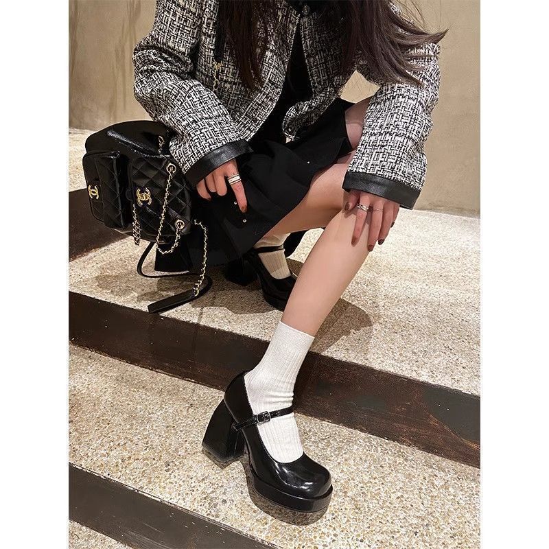 Women's French Style Black Chunky High Waterproof Platform Shallow Mouth Women's Shoes