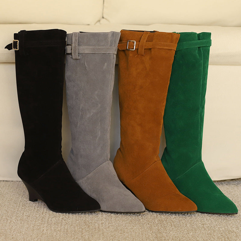 Women's Belt Buckle Side Zipper High Leg Women's Leather Boots