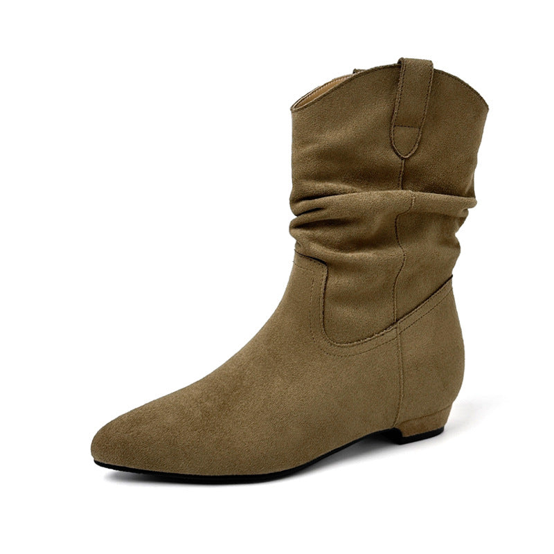 Women's Pleated Chunky V Cut With Height Of Pointed Ankle Pile Women's Leather Boots