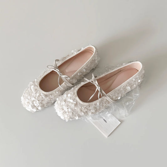 Women's Round Toe Sequined Bow Ballet Low-cut Flat French Gentle Dress Women's Fashion Shoes