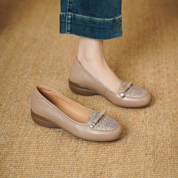 Women's Round Head Woven Korean Style Pumps Soft Sheepskin Low-cut Chunky Women's Fashion Shoes