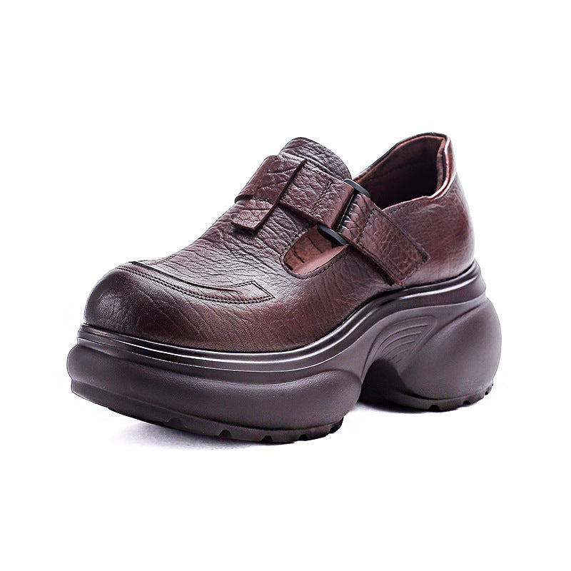 Women's Platform British Style First Layer Cowhide Round Toe Velcro Women's Fashion Shoes