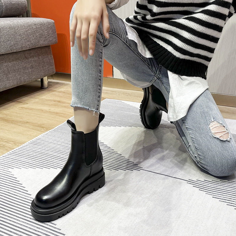 Women's Cowhide Version Fleece-lined Platform Chelsea Booties Hight Increasing Martin Women's Leather Boots