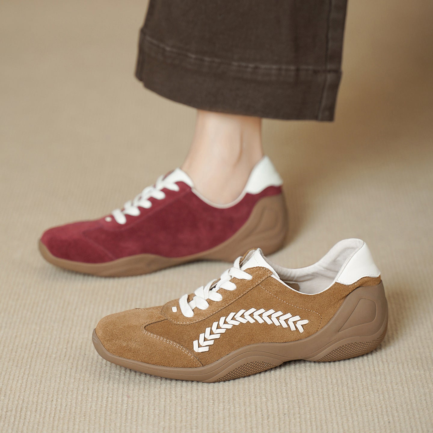 Women's Angora Red Flat Deep Mouth Pumps Genuine Platform German Women's Fashion Shoes