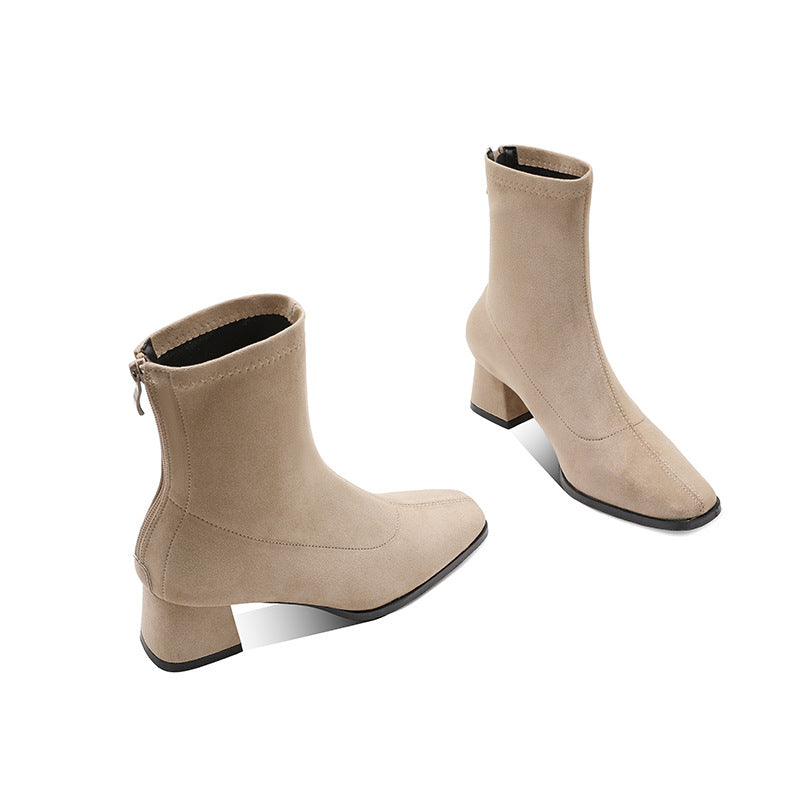 Women's Ankle For Elegant Simple Fashionable Slimming Back Zipper Square Women's Leather Boots