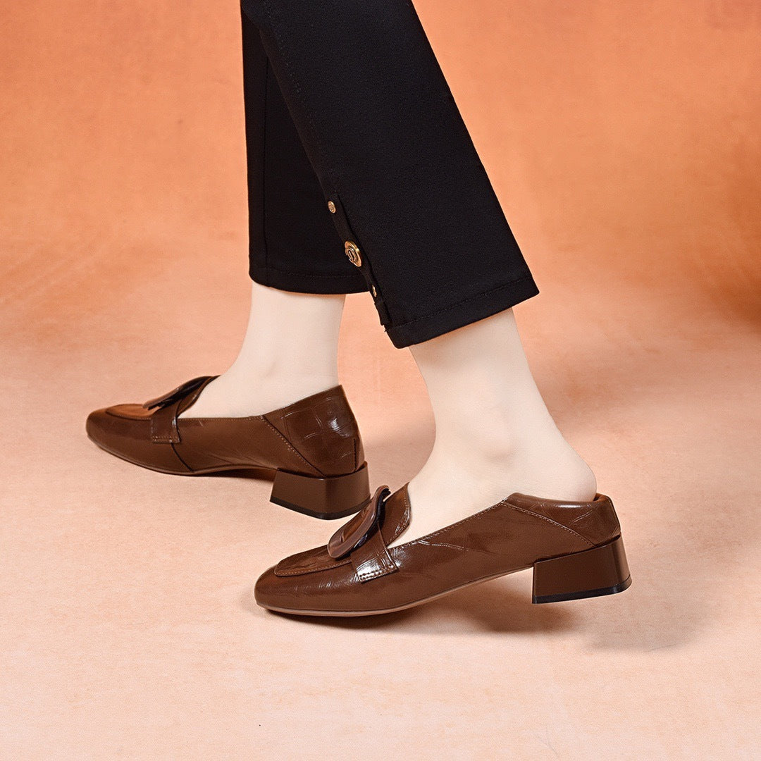 Women's Soft Cattlehide Square Buckle Chunky Autumn Toe Slip-on Comfortable Women's Fashion Shoes