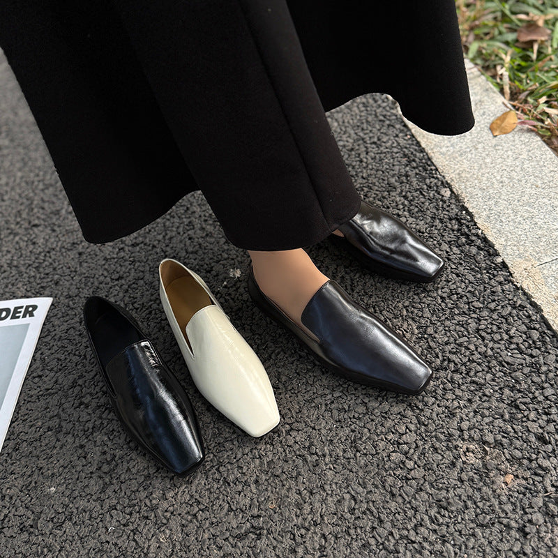 Women's Spring Cowhide Square Toe Flat Authentic Loafers