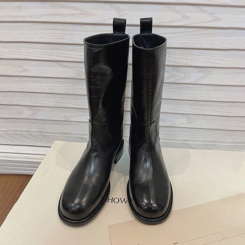 Women's Western Cowboy Genuine Middle Tube Retro Low Women's Leather Boots