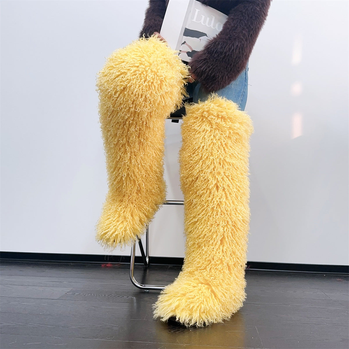 Imitated Tibet Sheep Fur Thigh Height Over Women's Snow Boots