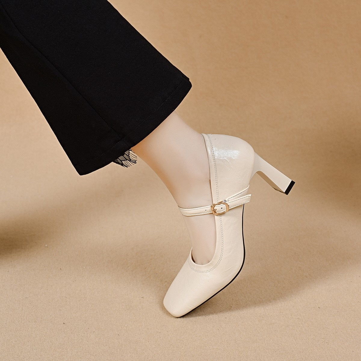 Women's Simple Elegant Texture Sheepskin Mary Jane Spring Chunky High Delicate Women's Fashion Shoes